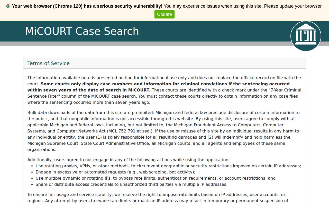 MiCOURT public case search screen used after a Crawford County arrest