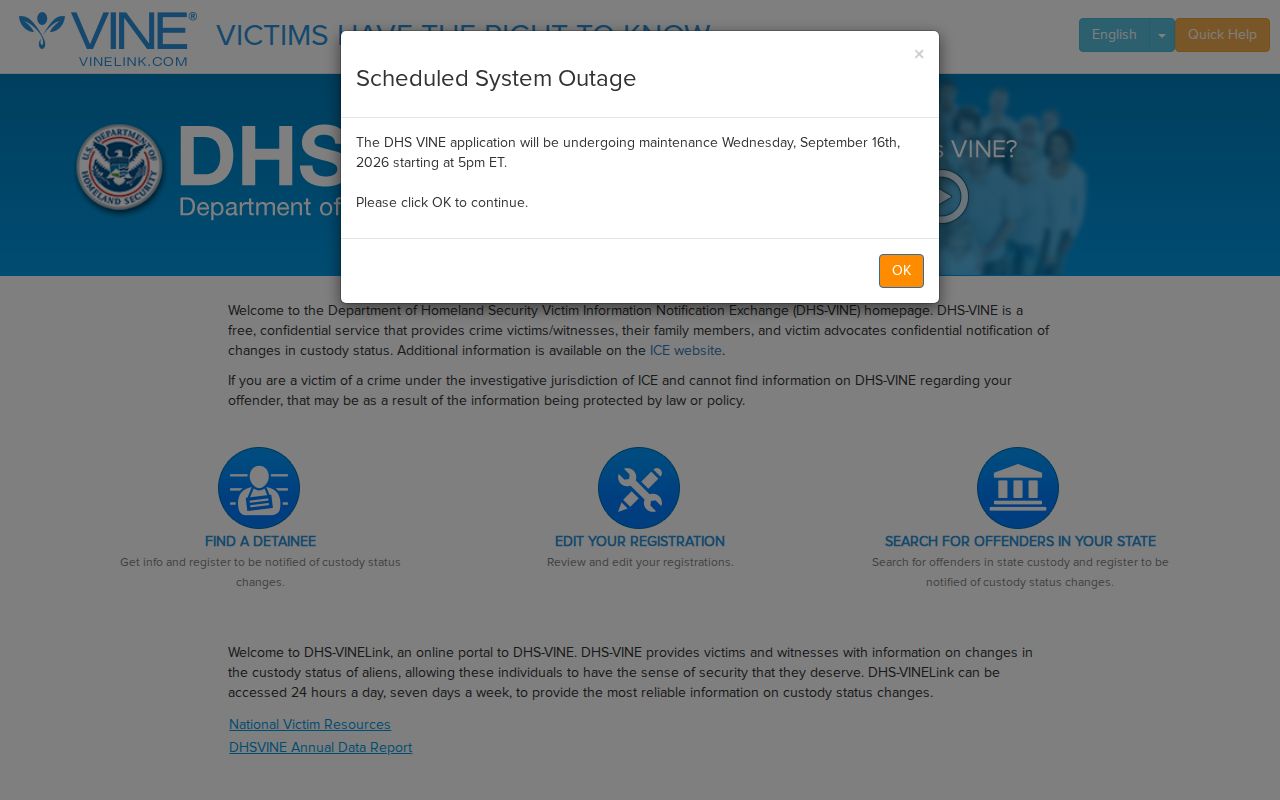 DHS VINELink interface separate from Crawford County arrest custody