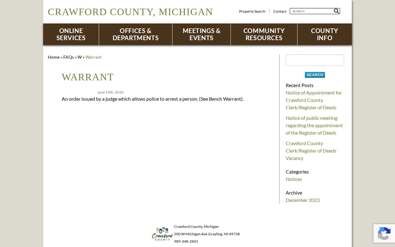 Official Crawford County warrant explanation